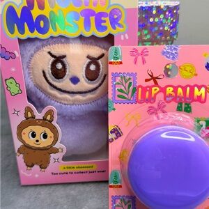 NEW Cute Purple Monster Plush Keychain + Lip Balm Gift Set